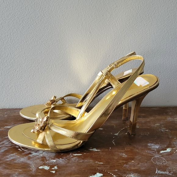 Gold metallic strappy heels with jewels Nine West - Picture 3 of 6